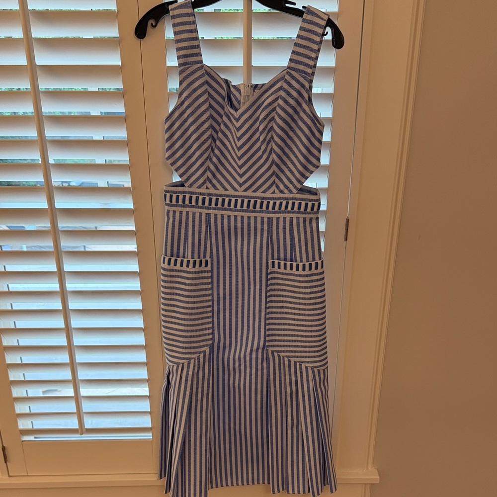 Hunter Bell Blue and White Striped Sleeveless Midi Dress - Classic Summer Style